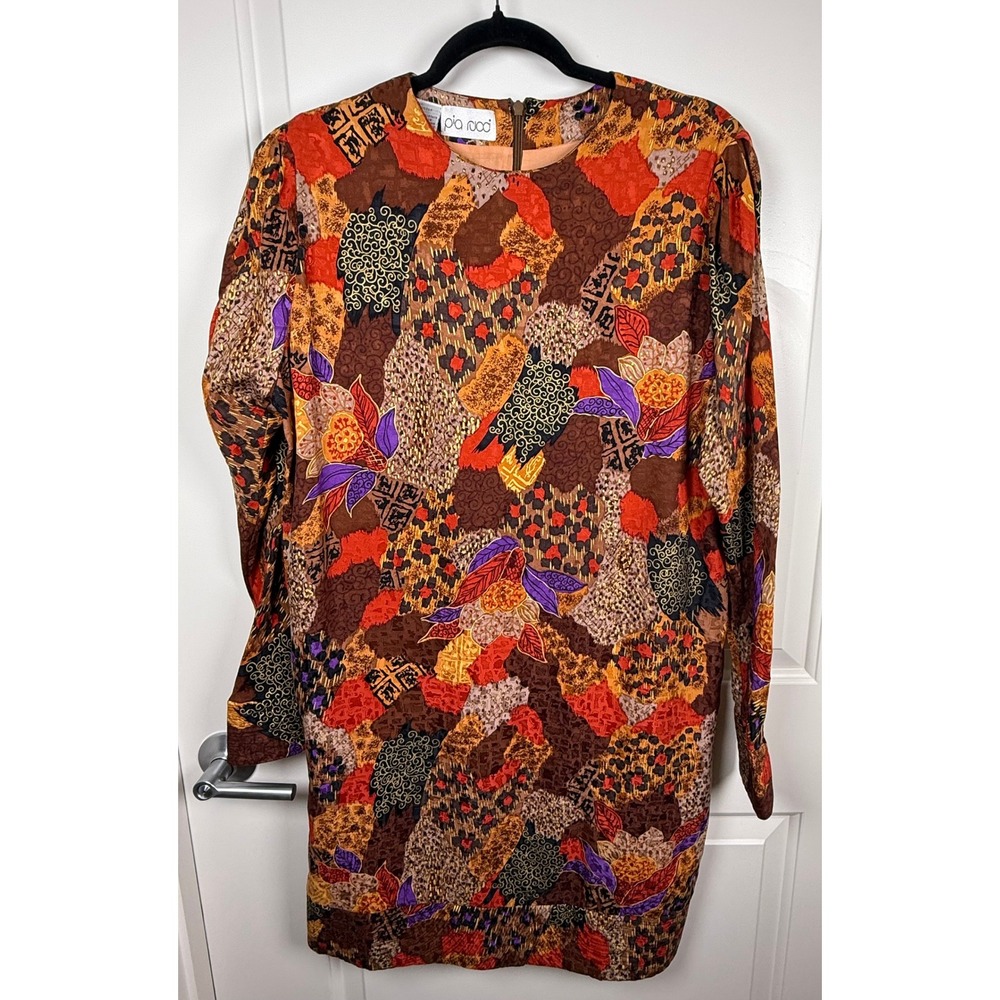 Pia Rucci Shift Dress 12 Orange Brown Silk Vintage Artsy Abstract Patchwork‎